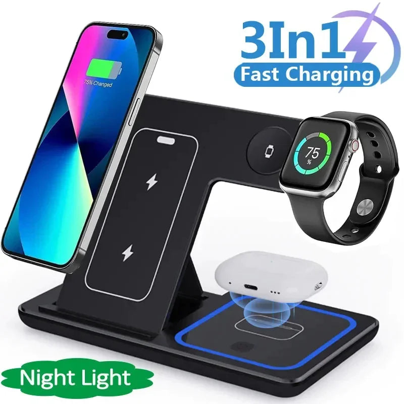 3 In 1 LED Fast Wireless Charger Stand Foldable
