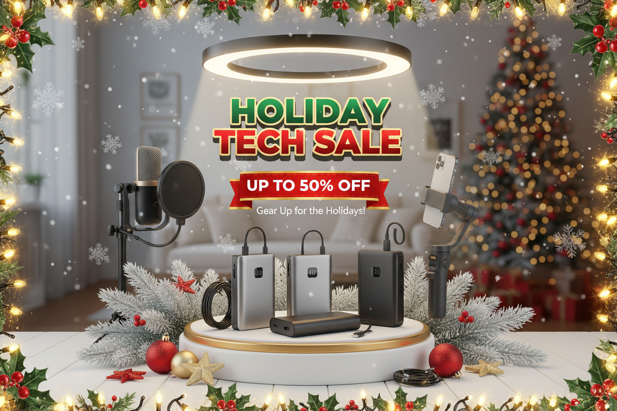 Haz una imagen de publicidad de descuento navideño para estos productos: power banks, accesorios para creadores de contenido