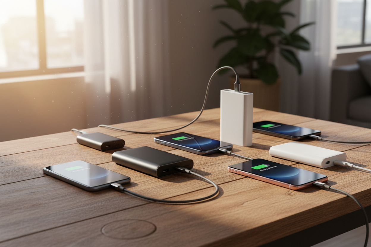 Haz una imagen donde alla Powerbanks q cargan celulares y Que estén encima de una mesa de madera con una buena iluminación como si viniera de una ventana 