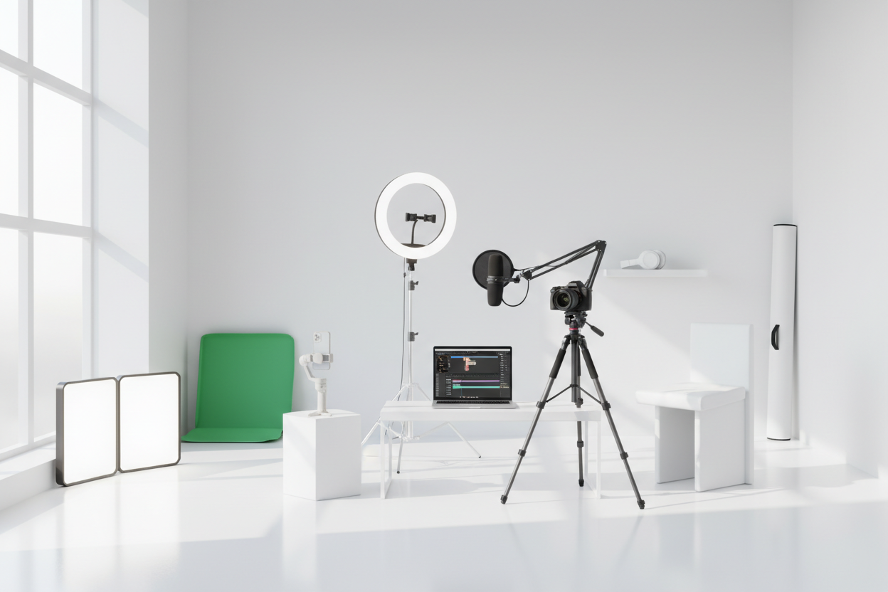 Haz una imagen en una habitación blanca minimalista donde hallan productos de creadores de contenido 